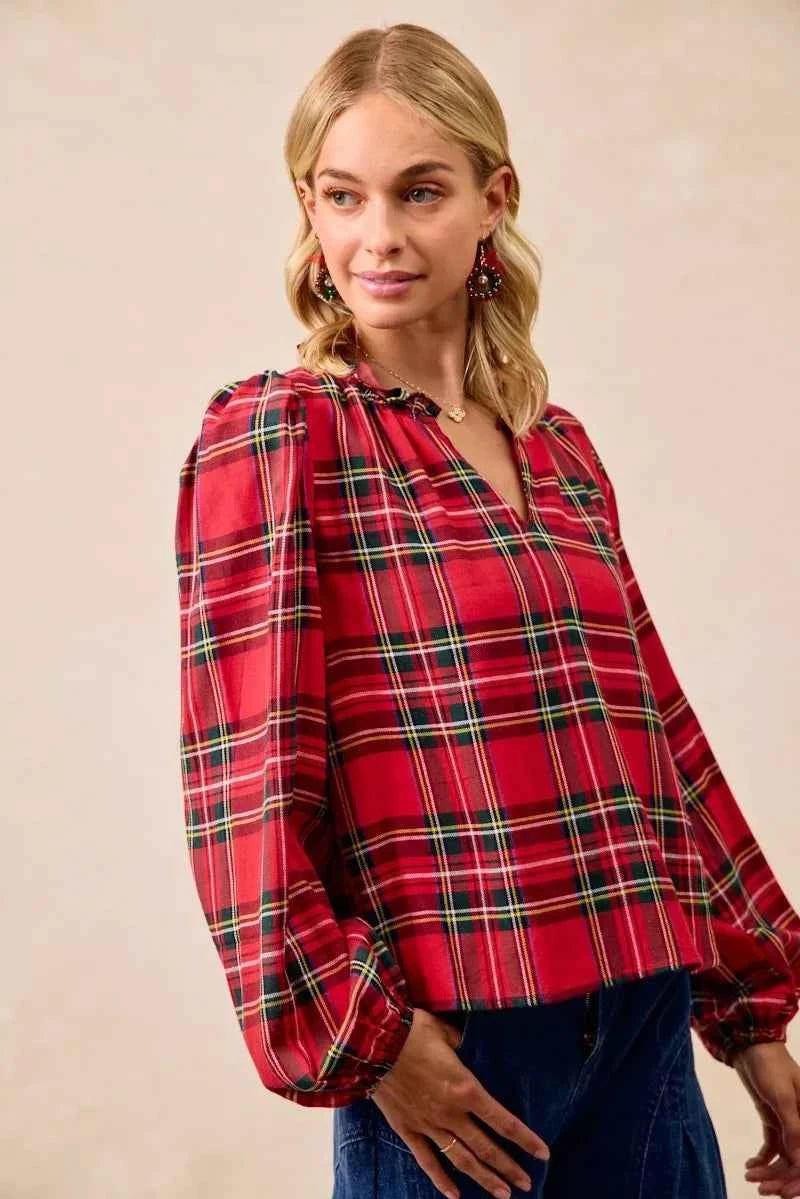 Christmas Plaid Balloon Sleeves Ruffled V-Neck Top 82d6d798e90943c585bad16b12a7119c-Max-Origin
