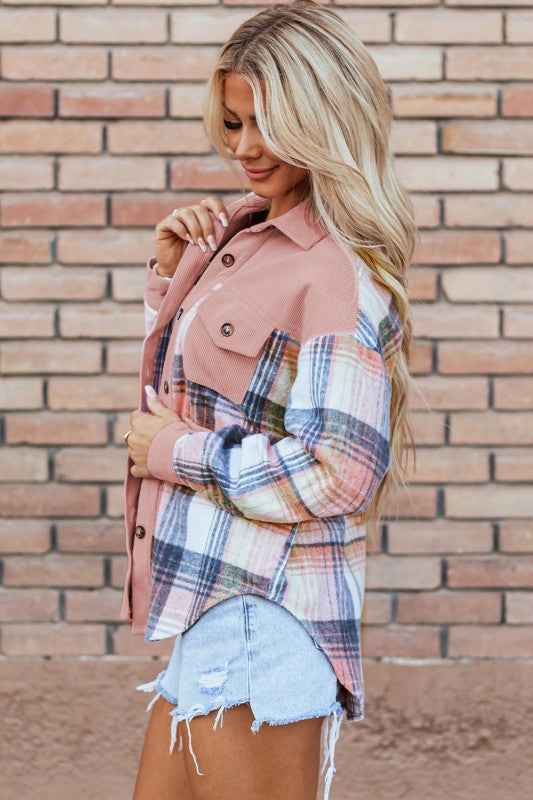 Plaid Corduroy Patchwork Pocketed Shacket 82de01bc-3825-4bd4-9be2-300374458e42