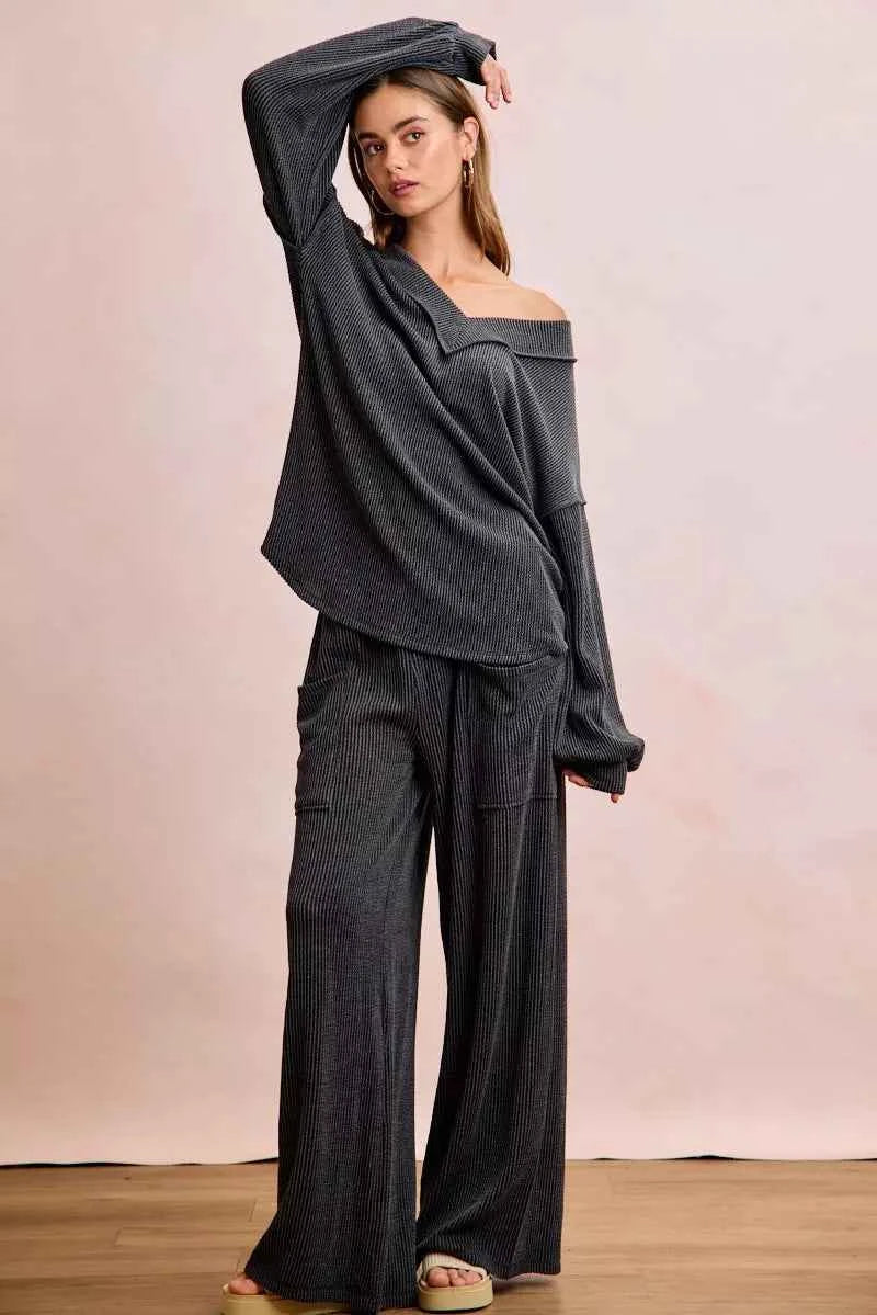 BiBi Two Tone Cord Rib Contrast Stitching V-Neck Top and Pants Set 82df9c8a6d4c46649253f871b6df918c-Max-Origin