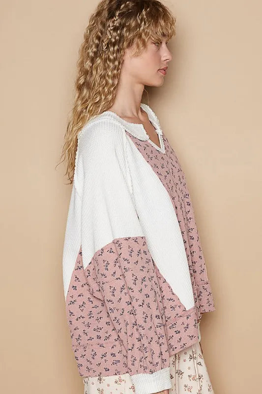 Waffle Knit Floral Notched Long Sleeve Top 82e173f2-e3a4-43bd-b7ba-666a4e6db61b-Max
