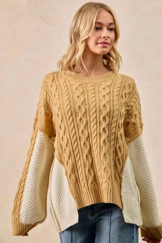 Cable Knit With Hacci Combo Sweater With Uneven Hem Detail 82e96dfcb3944b00962473397b4fd520-Max-Origin