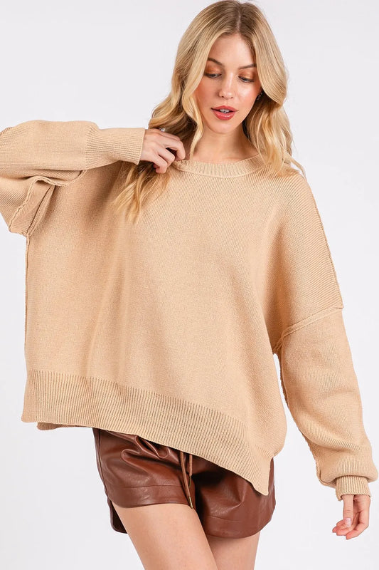 Side Slit Round Neck Drop Shoulder Sweater 82ea5b82-24a7-48e8-babf-9bb63787ccd6-Max