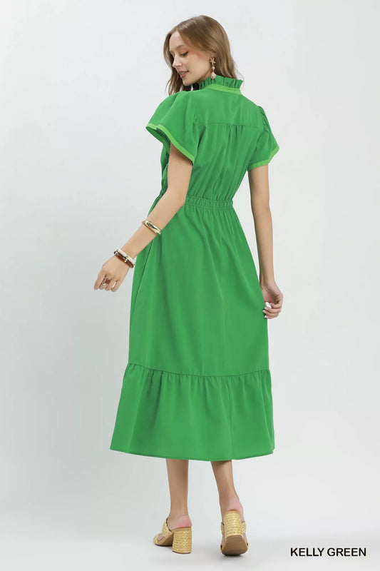 Contrast Trim Midi Dress with Tiered Ruffle Hem 82eb14af-5703-4f90-bd38-8976834788c5-Max-Origin