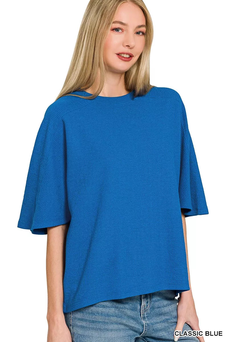 Zenana Double Knit Short Sleeve Top CLASSIC BLUE 82ec9b03372645d1a20d5cf0a7854faf-Max-Origin