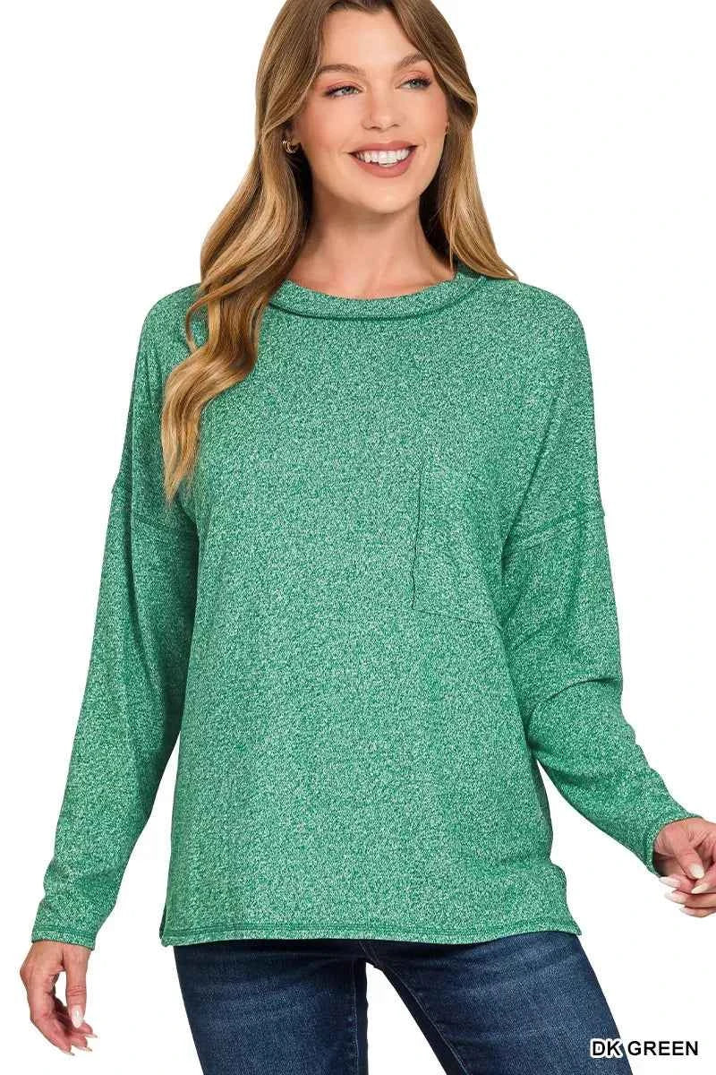 Soft Melange Hacci Round-Neck Long Sleeve T-Shirt DK GREEN 82ef633f21eb4885a97565541db4f75d-Max-Origin