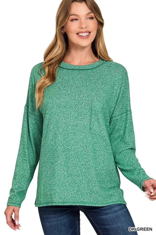 Zenana Soft Melange Hacci Round-Neck Long Sleeve T-Shirt DK GREEN 82ef633f21eb4885a97565541db4f75d-Max-Origin
