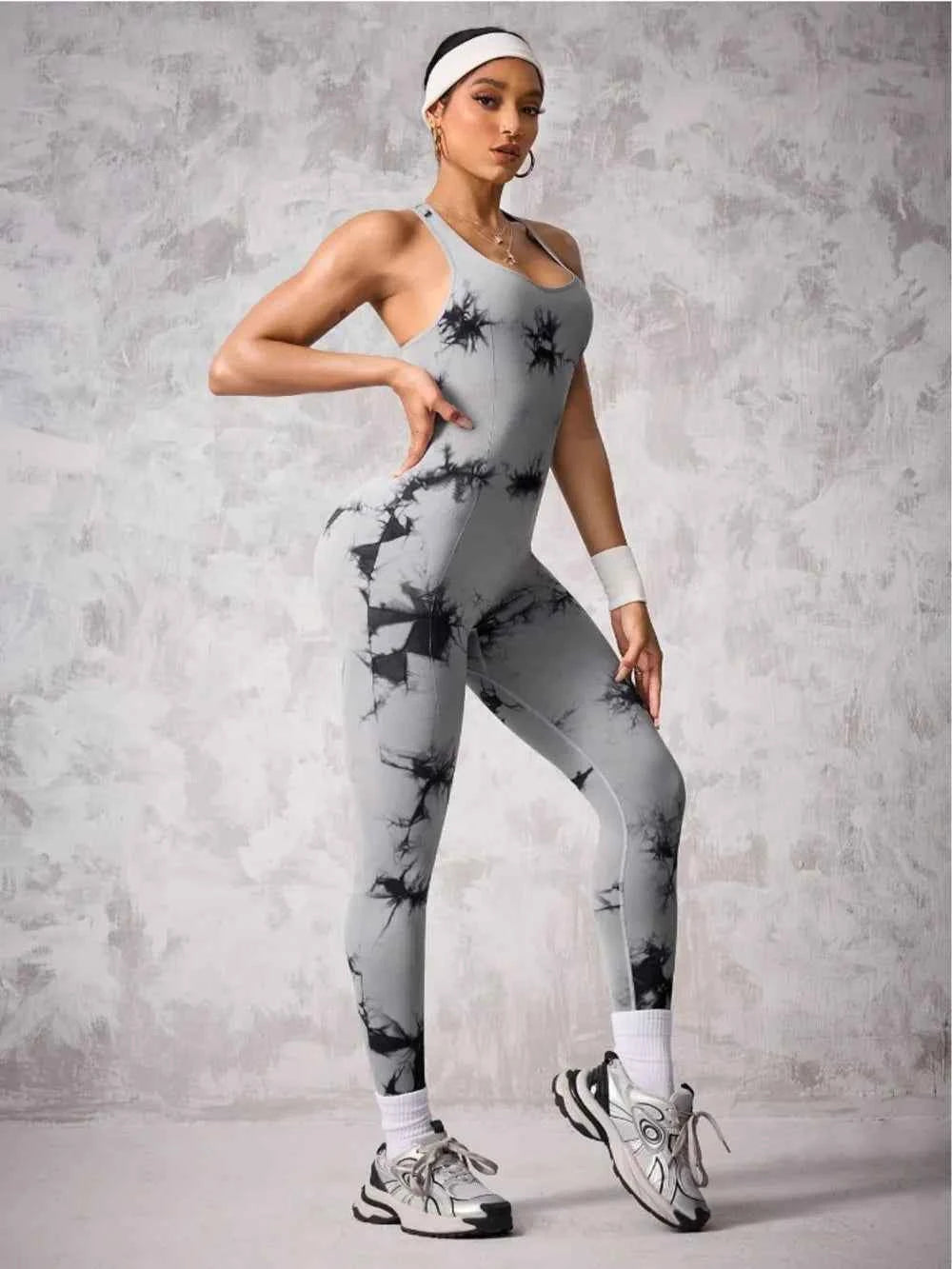 Back Crisscross Tie-Dye Scoop Neck Active Jumpsuit Gray 82f05936-32d9-4ec7-8fdd-507ceb332597-Max