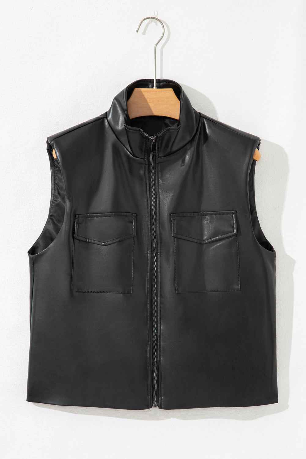 Black Double Flap Pocket Faux Leather Zip Up Stand Neck Vest 82f0df8b2300fbf2