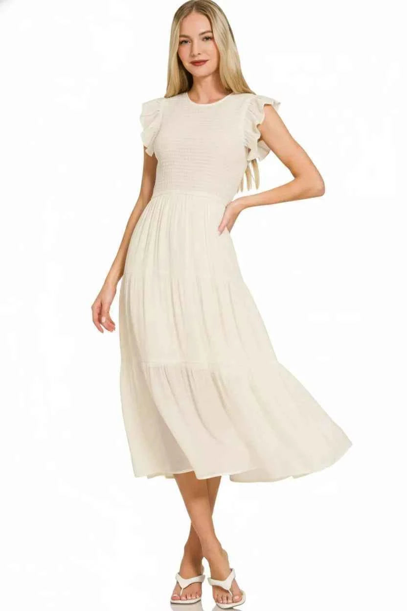 Zenana Woven Smocked Ruffle Sleeve Midi Dress 82f20871-464c-4d72-b8ec-59a6125eec7b-Max-Origin