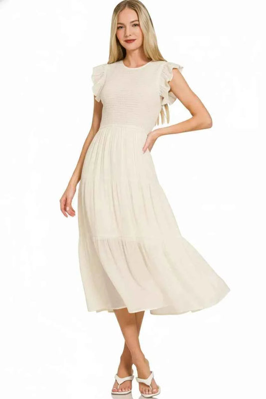 Woven Smocked Ruffle Sleeve Midi Dress 82f20871-464c-4d72-b8ec-59a6125eec7b-Max-Origin