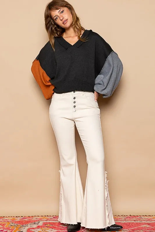 POL Exposed Seam Roll Edge Color Block V Neck Sweater 82f298a6-daf6-49a3-ac97-8bdae01d6fc9-Max