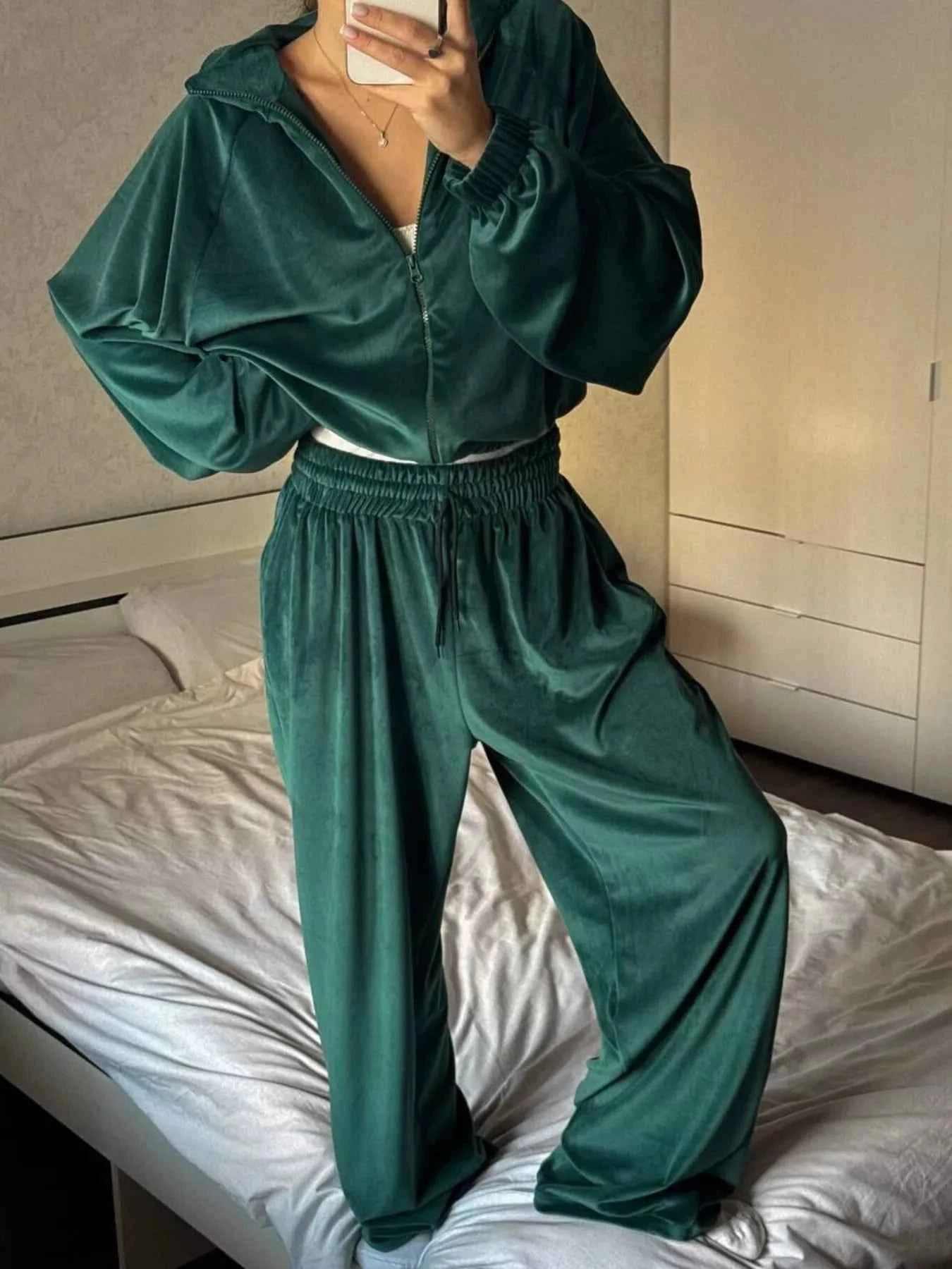 Zip Up Long Sleeve Outerwear and Pants Set Dark Green 82f34f90d8a946c7bb4b2d460d532ca2-Max-Origin