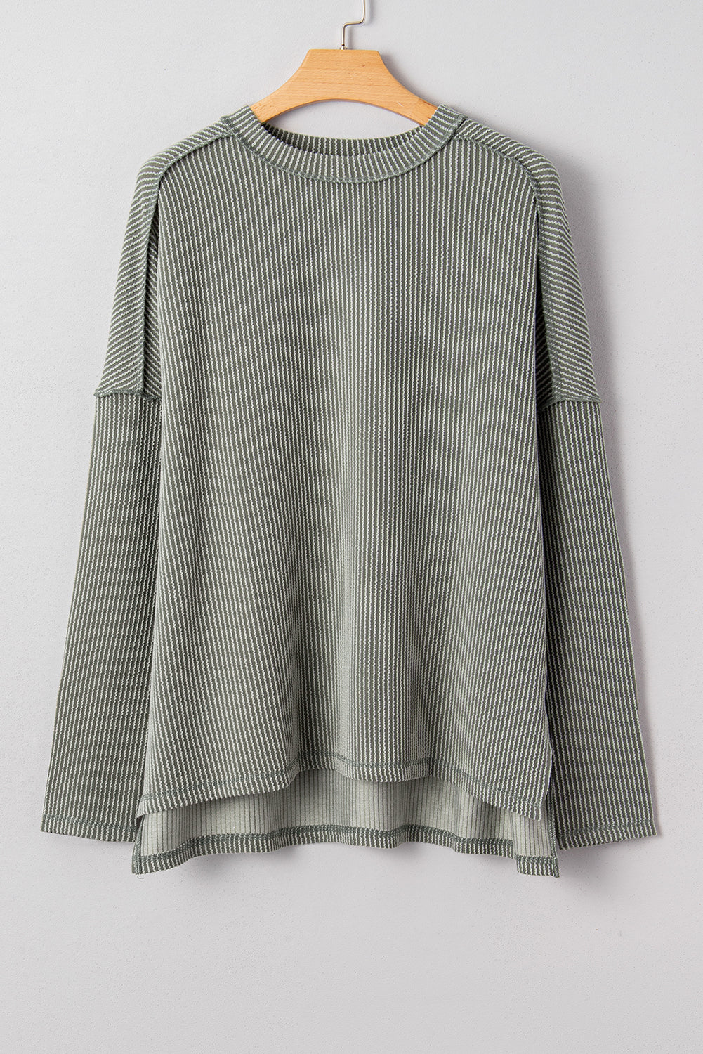 Green Bay Twisted Rib Exposed Seam Detail Long Sleeve Loose Top 82f3890695b778c7