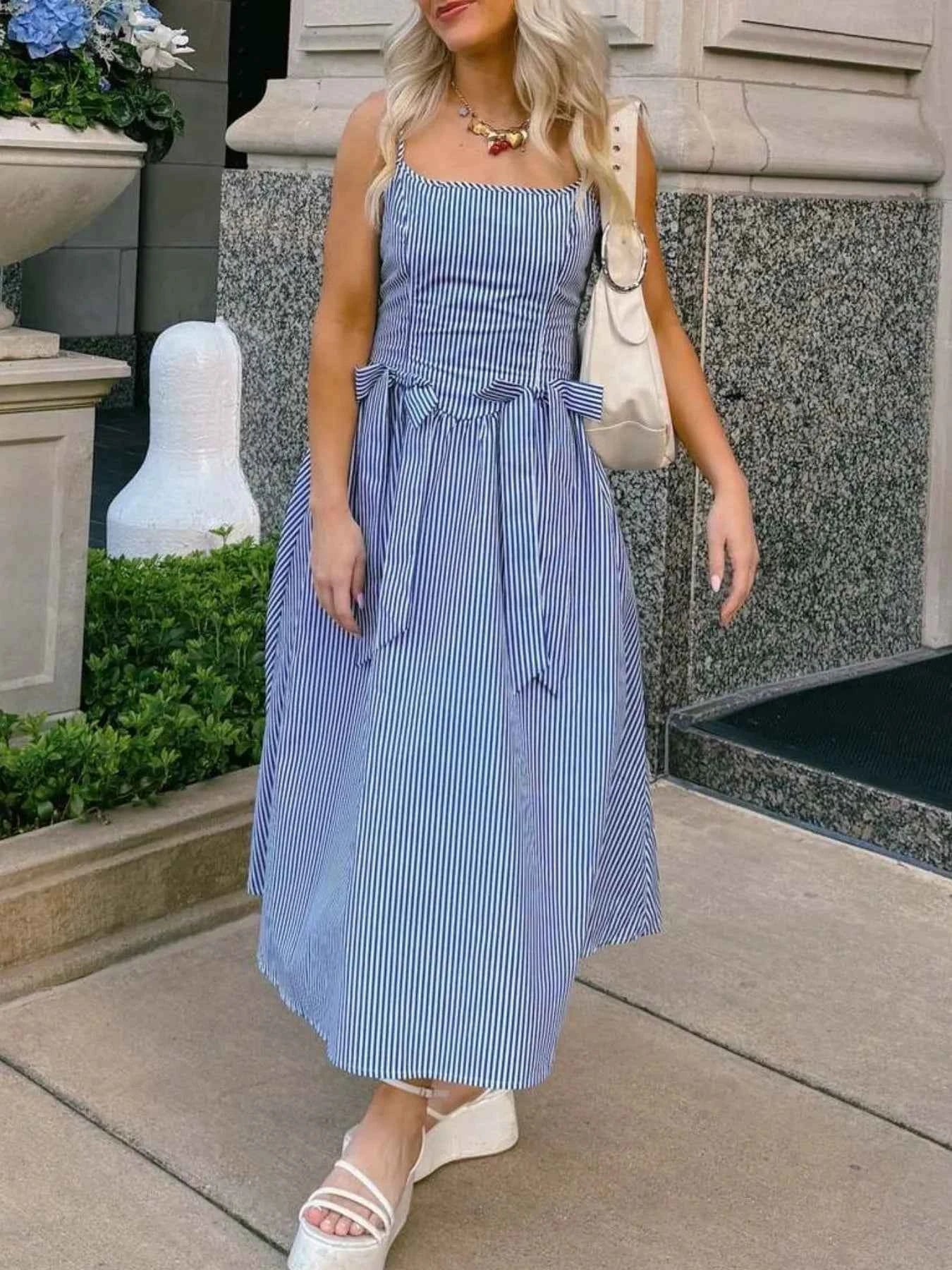 Bow Detail Midi Cami Dress Blue Stripes 82f6f332-c08a-4840-be4e-b31fa68476f1-Max-Origin