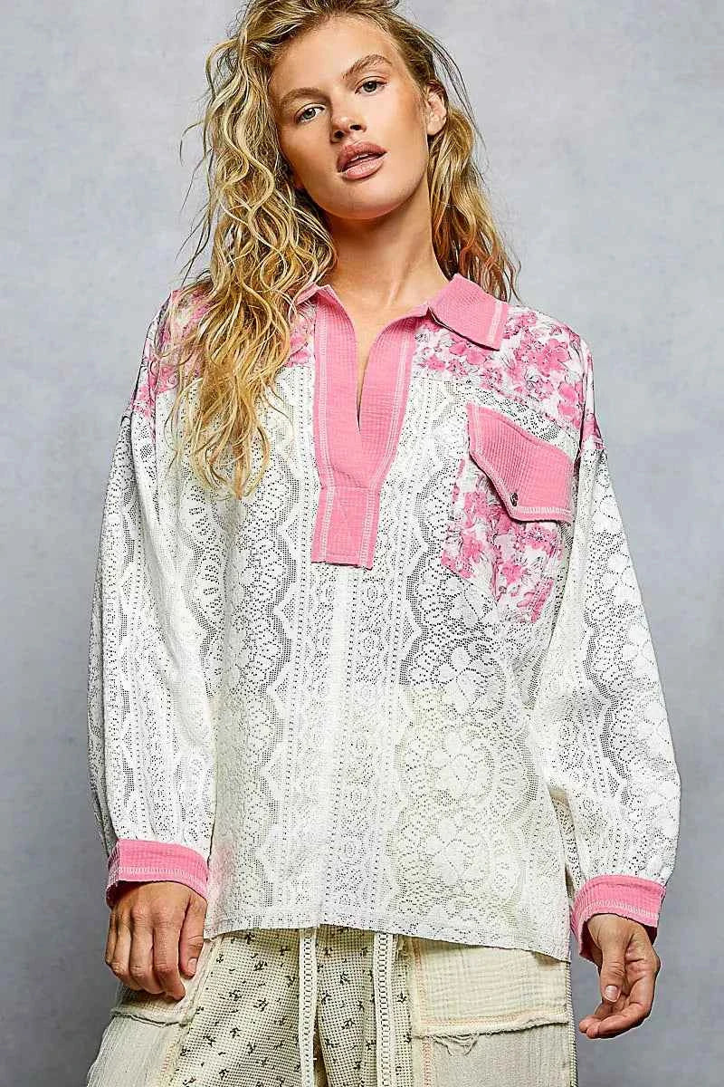 POL Floral Print Long Sleeve Lace Shirt with Front Pocket CANDY PINK 82f8e017-6bcb-44e0-b2ec-cc446b22e4ef-Max-Origin