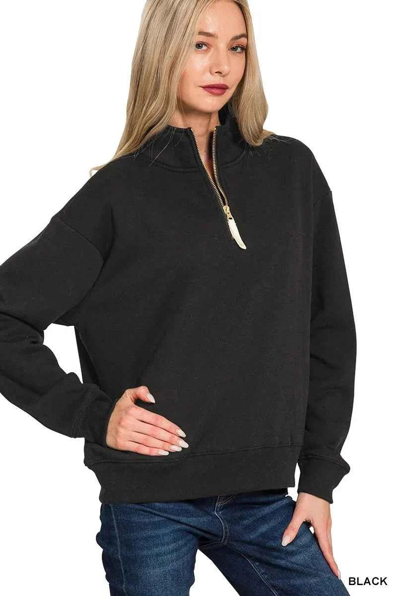 Zenana Fleece Half Zip Sweatshirt BLACK 82faaeee42054ce7beb0ec43996bf65d-Max-Origin