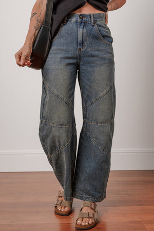 Sail Blue Exposed Stitching Loose Straight High Waist Barrel Jeans Sail Blue 72%Cotton+26%Polyester+2%Elastane 82fd532ee2ed784d