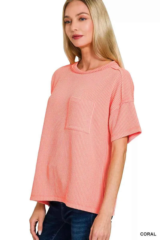Zenana Raised Rib Exposed Seam Short Sleeve Top 82fe1a9b37d54a6dbe85c06ff7ef2fb8-Max-Origin