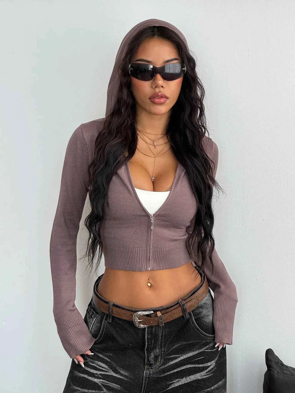 Drawstring Zip-Up Hooded Cardigan 82feee64b05e470588209d1147daaca8-Max-Origin
