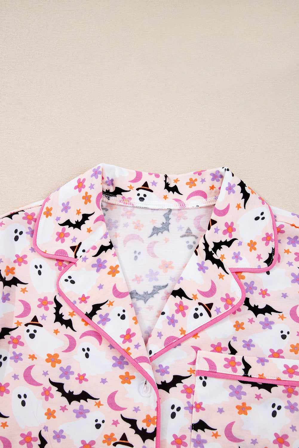 Pink Cute Floral Halloween Ghost Print Long Pajama Set 83050ea4b2735df1