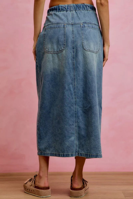 Pleated Washed Denim Skirt With Front Slit 8307ca32-c0d1-4f2f-99d0-dc4c1058245b-Max-Origin