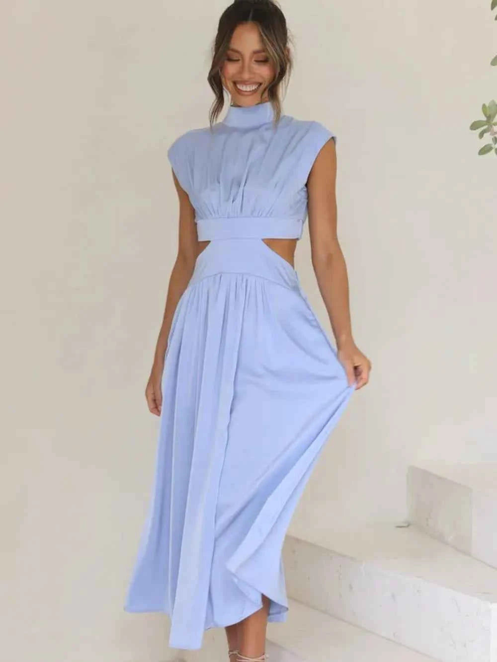 Cutout Mock Neck Sleeveless Ruched Dress Light Blue 830d58a6-2a90-4331-a85a-47d78e7b67c0-Max