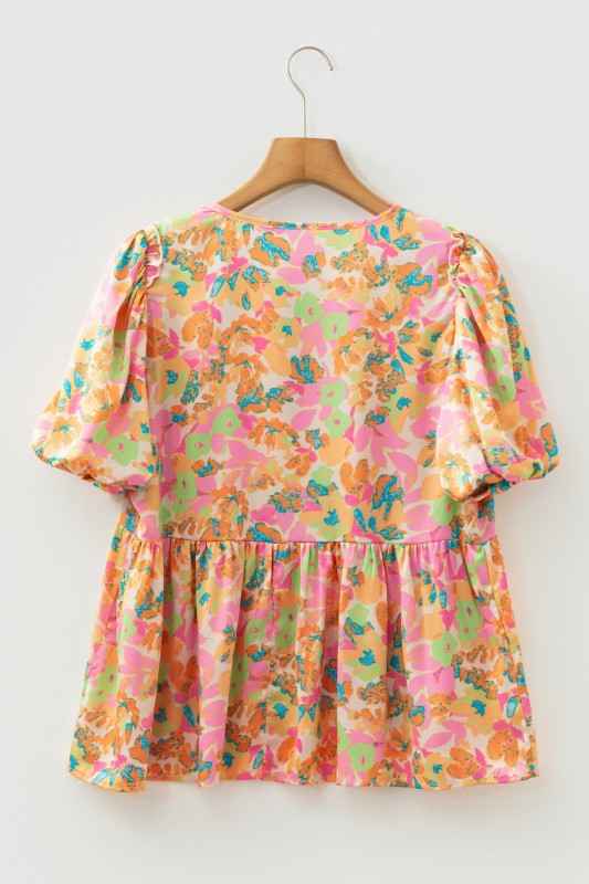 Flower Split V-Neck Short Sleeve Blouse 830e39f2-25ec-46a1-b4bd-66231002f190