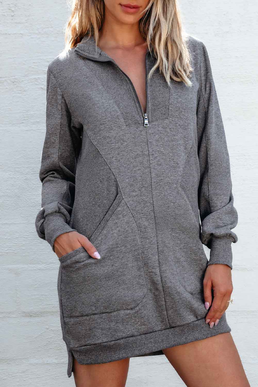 Ivy Zip up Collared Ribbed Patchwork Sweatshirt Dress with Pockets 8311c37940f6a637
