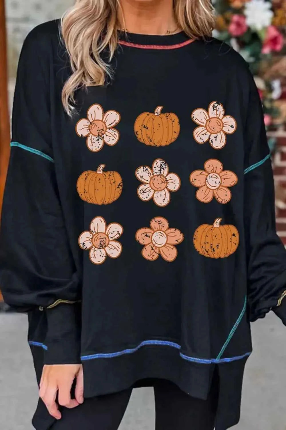 Pumpkin & Flower Graphic Long Sleeve Sweatshirt Black 831635e7-77f1-451a-afb2-e43dd2add3b0-Max