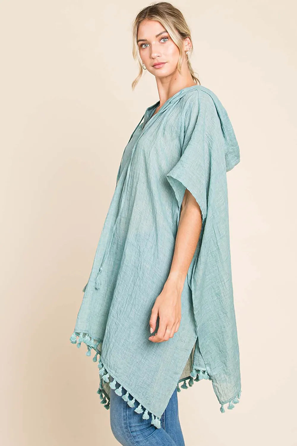 Cotton Bleu by Nu Label Tassel Hem Hooded Cover Up 8317ba04-c402-47d2-89e7-0deee2d89d79-Max