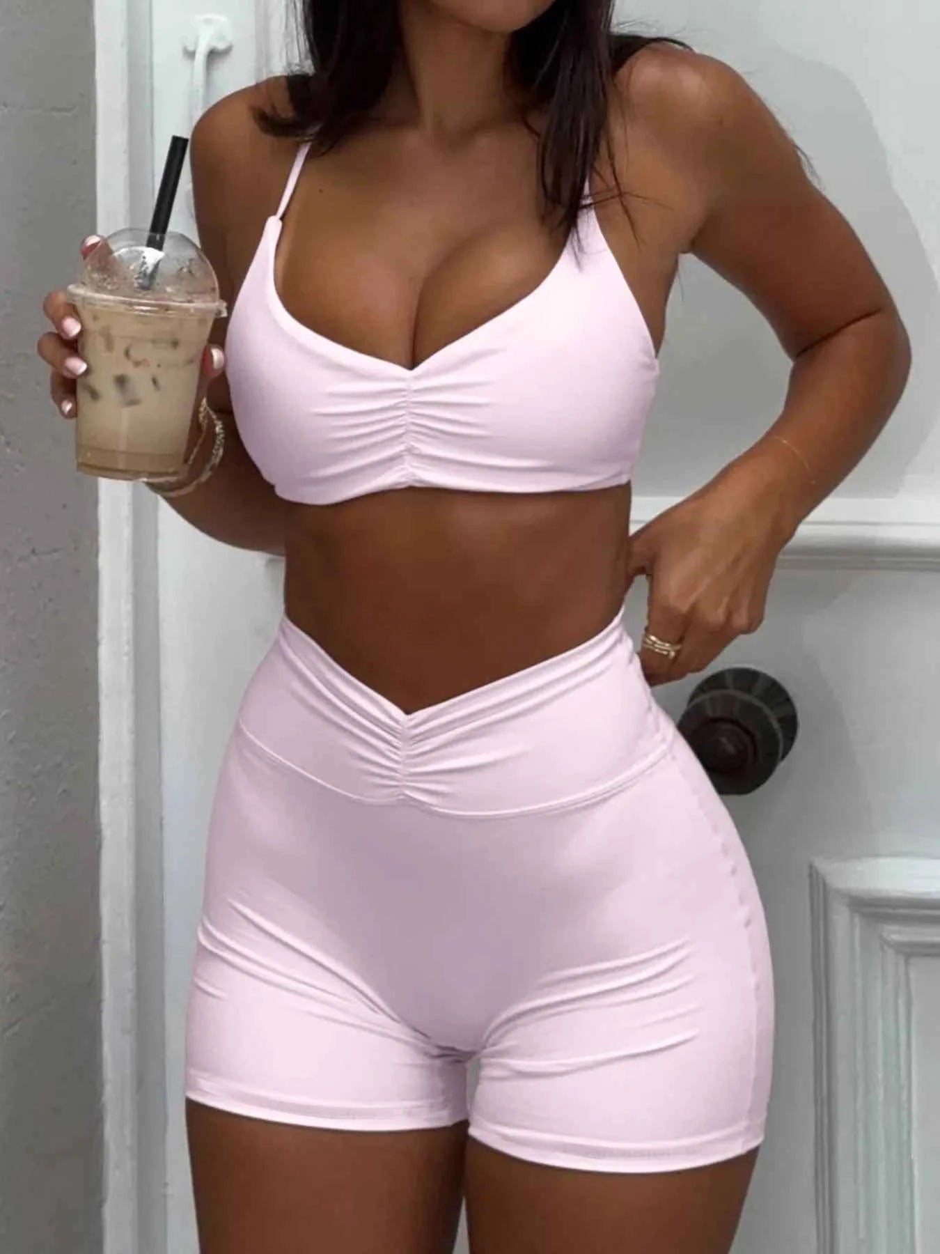Ruched Sports Bra and High-Waisted Shorts Active Set Pink 831d8f1bc6d34234ad68675383084a38-Max-Origin