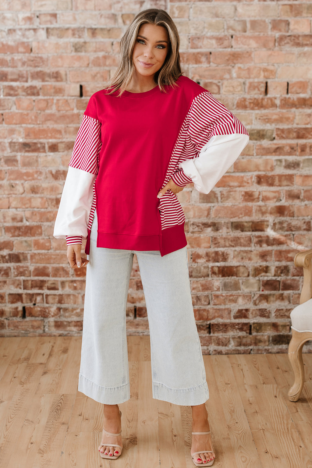 Racing Red Striped Patchwork Sleeve Colorblock Sweatshirt 831ef5040ad5efae