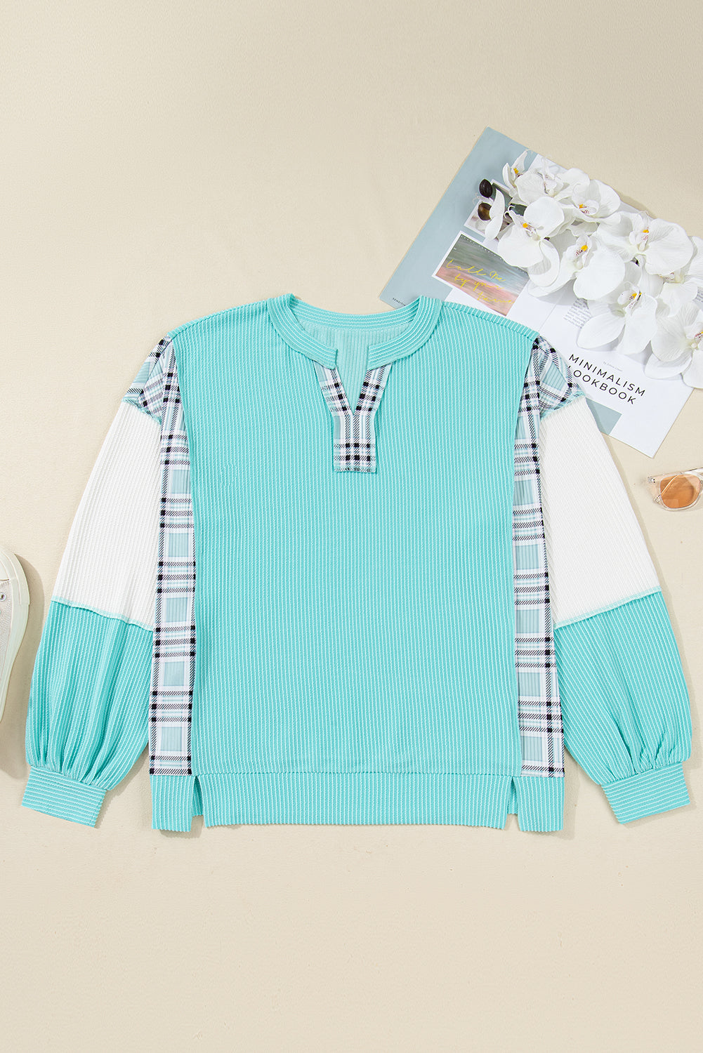 Aruba Blue Twist Ribbed Colorblock Plaid Patchwork Plus Size Top 831f5fe540b18cc3