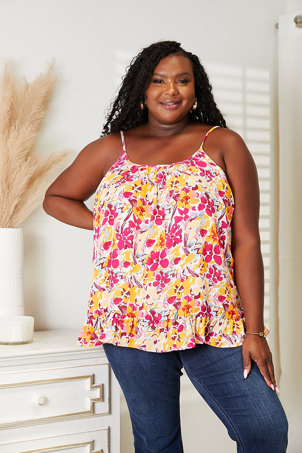 Double Take Floral Scoop Neck Ruffle Hem Cami 83219b8254be42e49b08cbe3d8a1cc26-Max