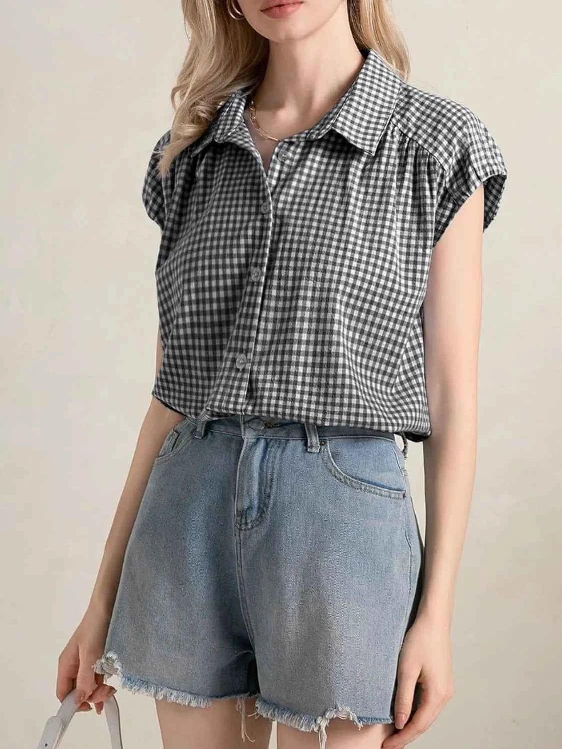 Plaid Button Up Cap Sleeve Shirt 83221063-9d82-44d4-99fb-96f0bfe5f340-Max-Origin