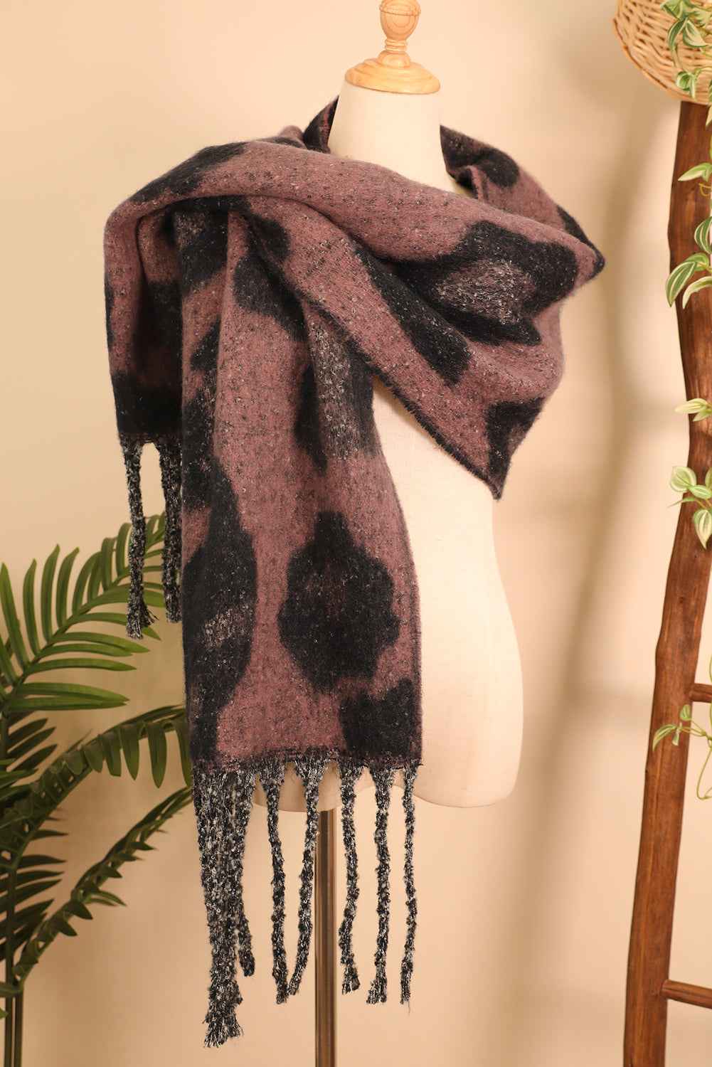 Desert Rose Leopard Print Fringe Scarf Desert Rose ONE SIZE terylene 832ffdbb61667e9b