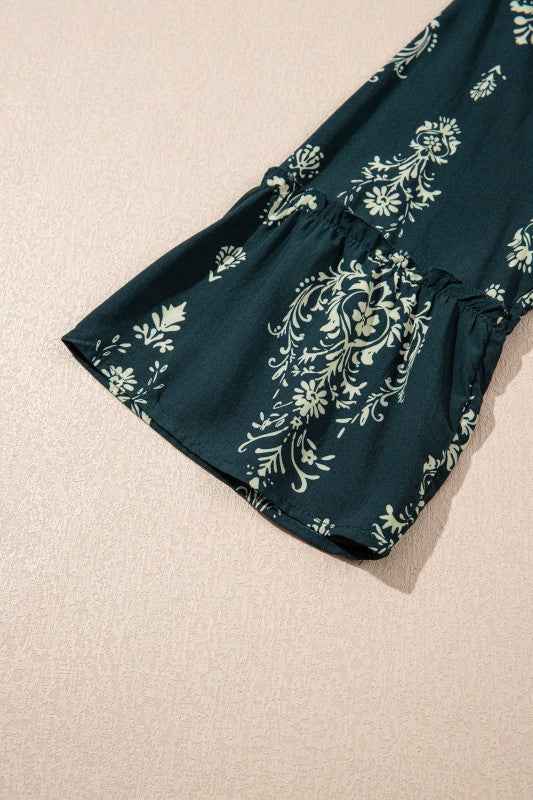 Boho Floral Lettuce Trim 3/4 Sleeve Mini Dress 83327922-246b-4baf-a97f-422d113f4543