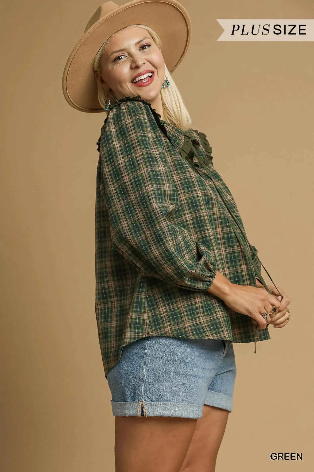 Umgee Full Size Plaid Ruffle Collar Blouse Plus Size 83339e95-ae99-4d7d-b4e6-9d226ac46c6d-Max-Origin