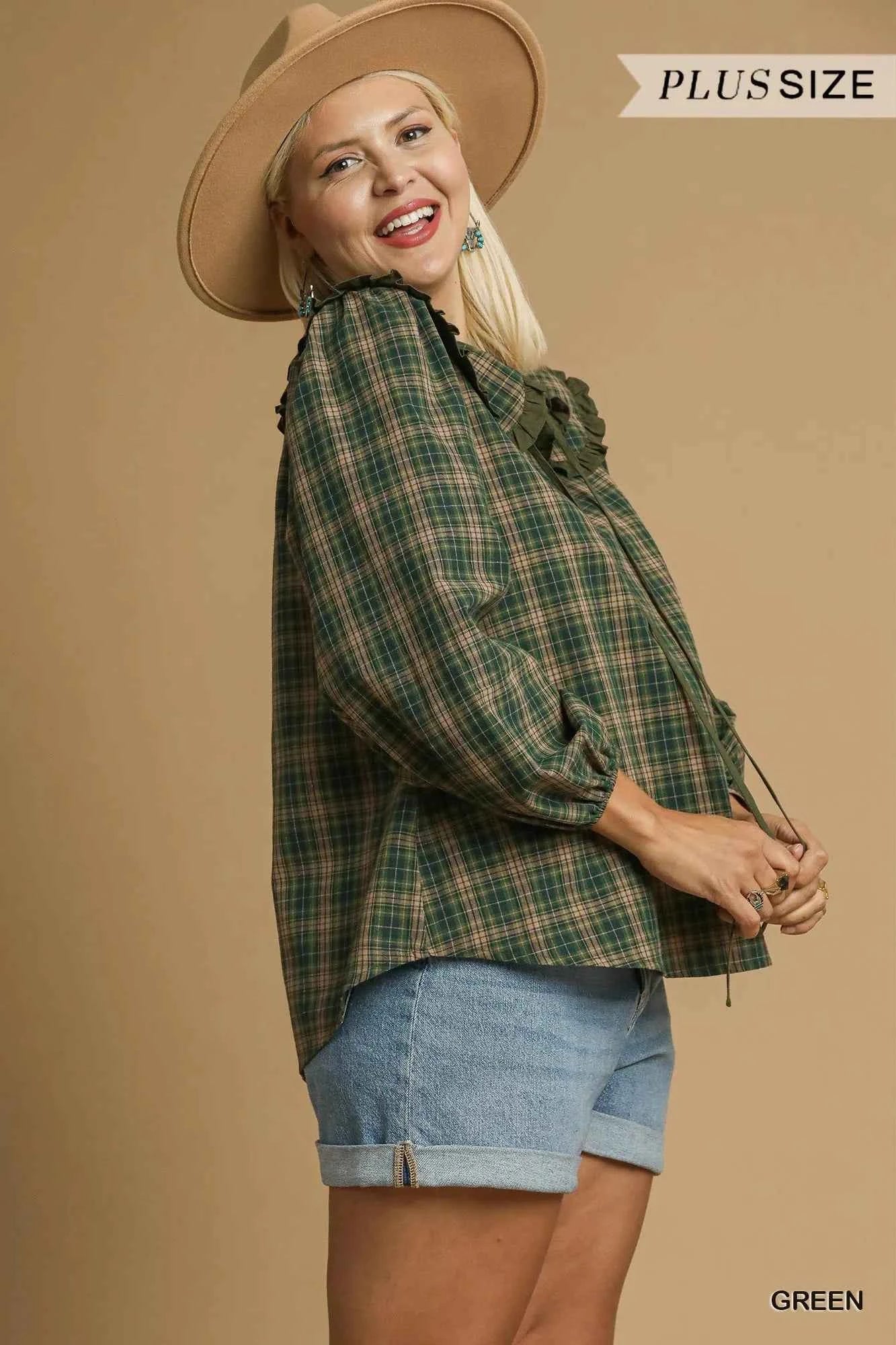 Umgee Full Size Plaid Ruffle Collar Blouse Plus Size 83339e95-ae99-4d7d-b4e6-9d226ac46c6d-Max-Origin