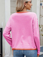 Striped Contrast Round Neck Long Sleeve Sweater 83361f1a-e81a-4caf-822f-7def49d20cbe-Max
