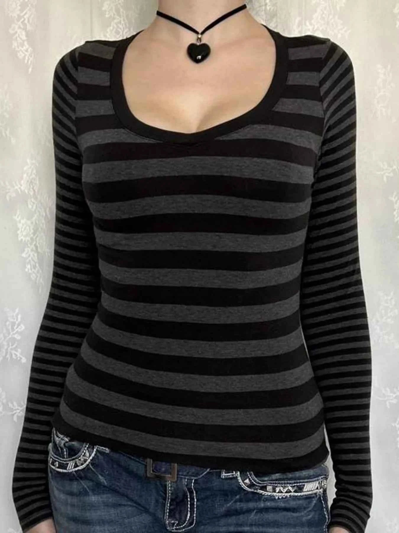 Striped Long Sleeve Contrast  T-Shirt