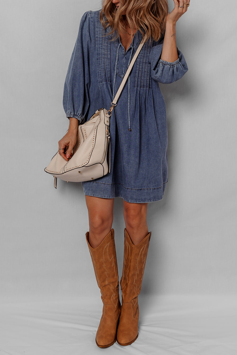 Sail Blue Pleated V Neck 3/4 Sleeve Denim Mini Dress 8339fd20a24f4455