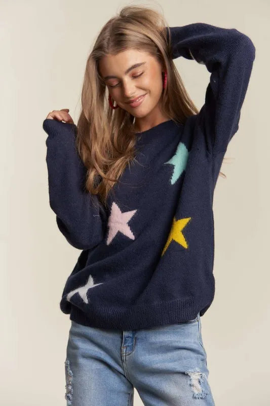 ADORA Stars Pattern Round Neck Drop Shoulder Sweater 833d8752-cdc6-4766-9c2e-11c9c04b5b7e-Max
