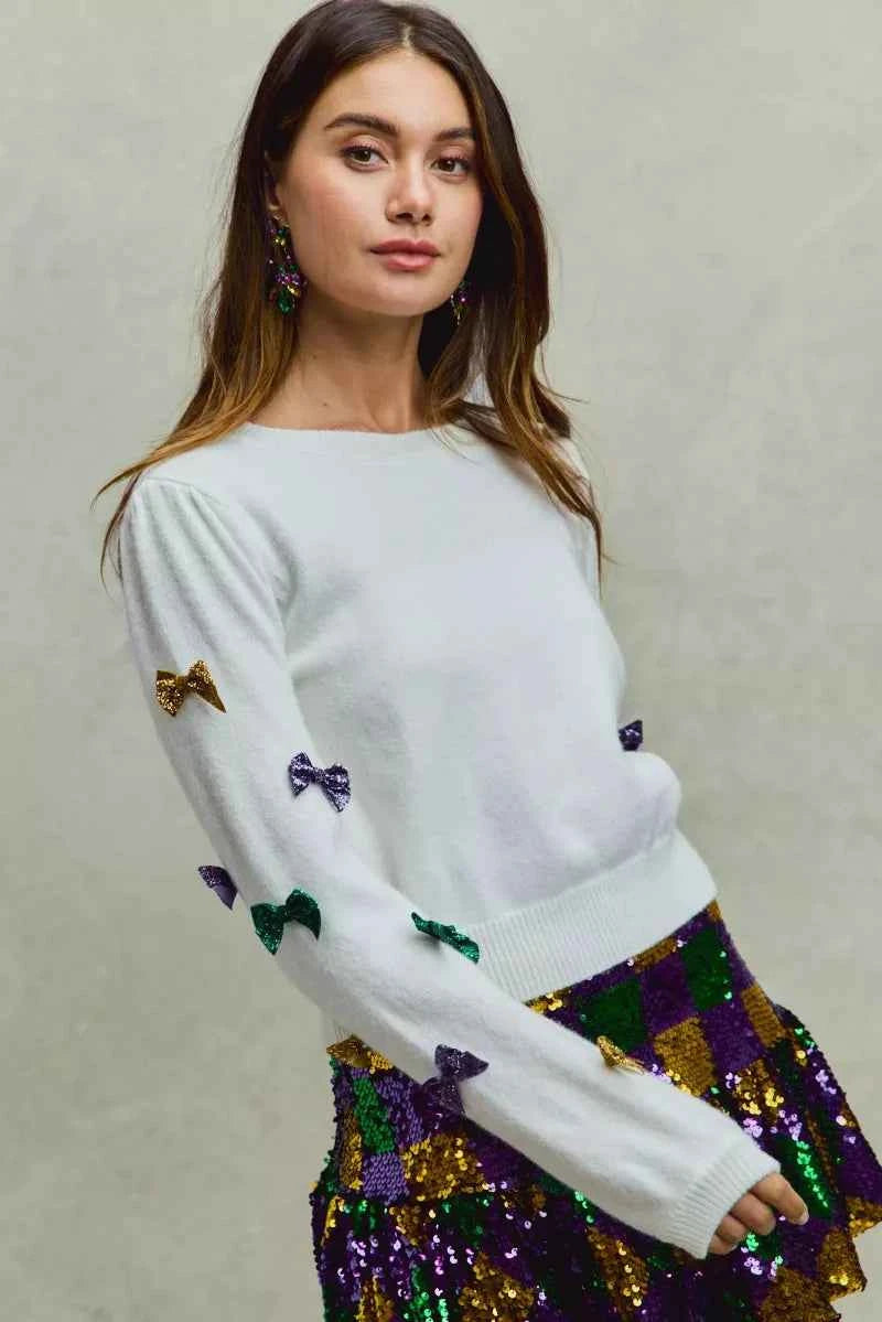 SO ME Mardi Gras Glitter Bow Ribbon Sweater Knit Top 833f6f71453843faa517ba11f5246fc9-Max-Origin