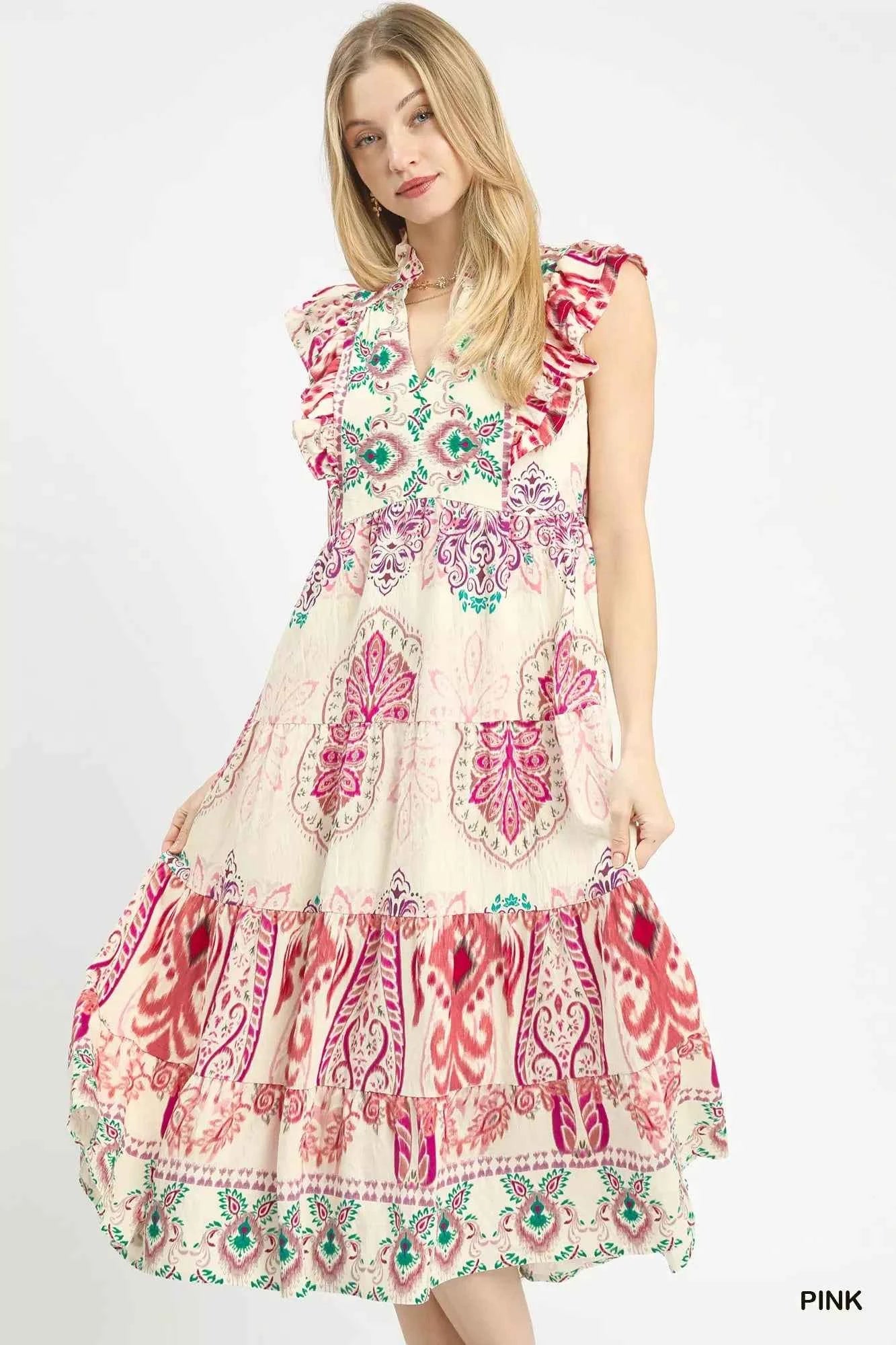 Umgee Boho Boarder Print Ruffle Midi Dress PINK 8340c0e2-b376-4713-8393-24293778463c-Max-Origin