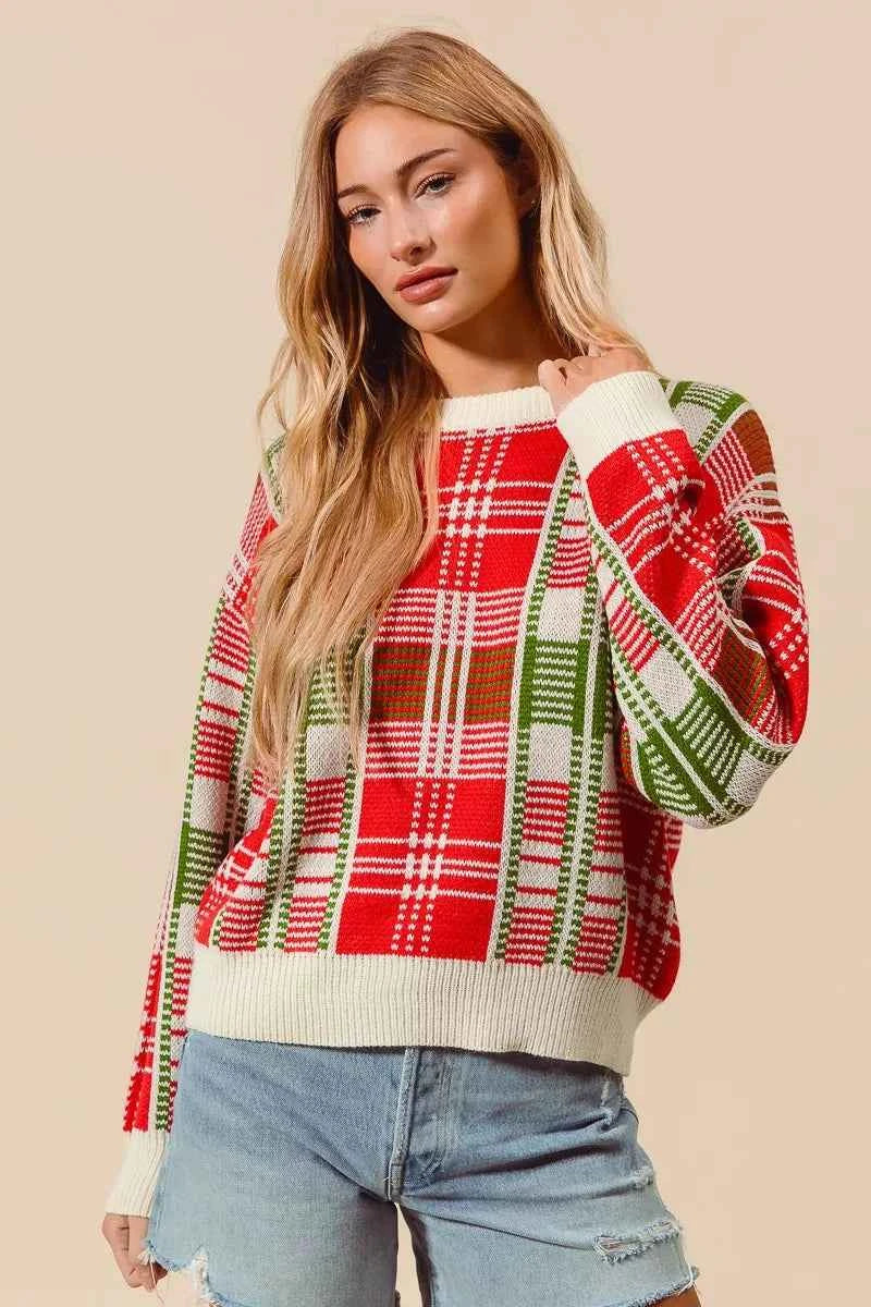 SO ME Christmas Color Checkered Plaid Crew Neck Sweater 8341251e392d4488af1611d3474fe791-Max-Origin
