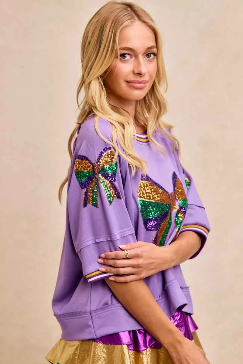 BiBi Mardi Gras Theme Ribbon Sequin Patched Top 8341a08cc0ad440a8121174968cb4aa5-Max-Origin