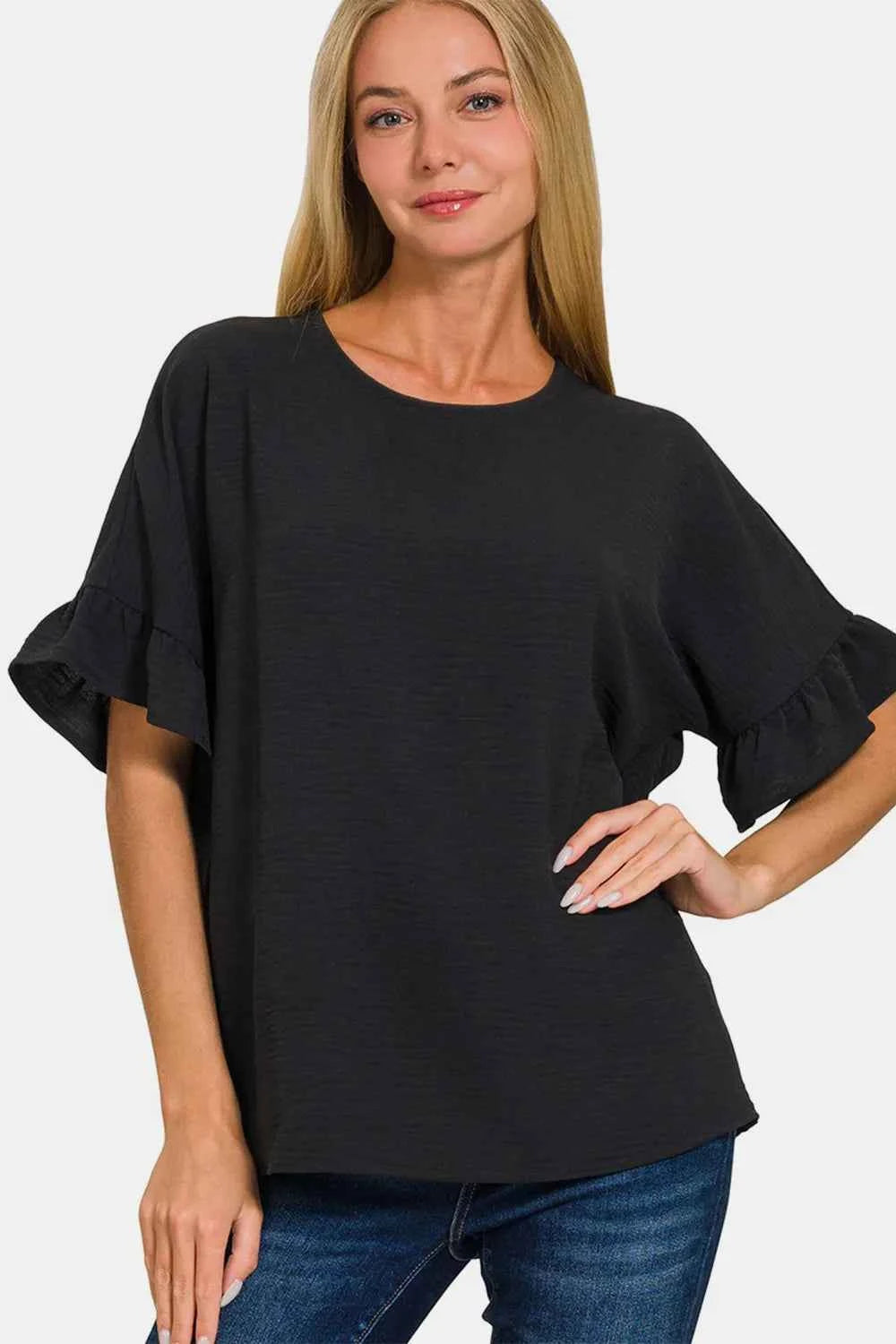 Zenana V-Neck Flutter Sleeve Top Black 834a1aa3-f04b-49cb-9723-41f54734596f-Max