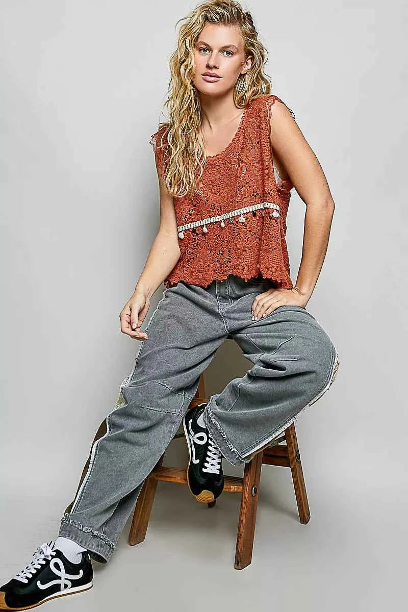 POL Lace Trim Openwork V-Neck Crochet Tank with Scalloped Edge 8350d570-dcbe-4838-85c0-4c249c351b99-Max-Origin