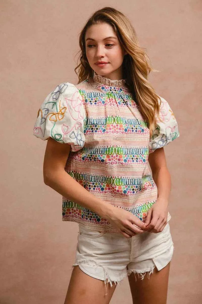 BiBi Ruffle Neckline Blouse With Embroidery Bubble Sleeve 8358238f301b4a09a6fbc23867d43daf-Max-Origin